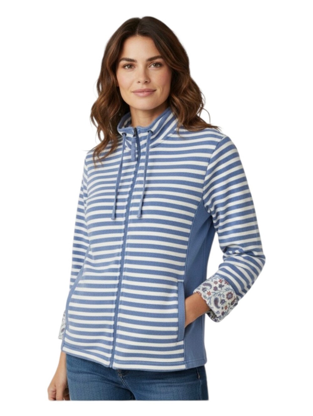 Orvis Womens Blue Nautical Striped Cotton Knit Mock Neck Full Zip Jacket Small